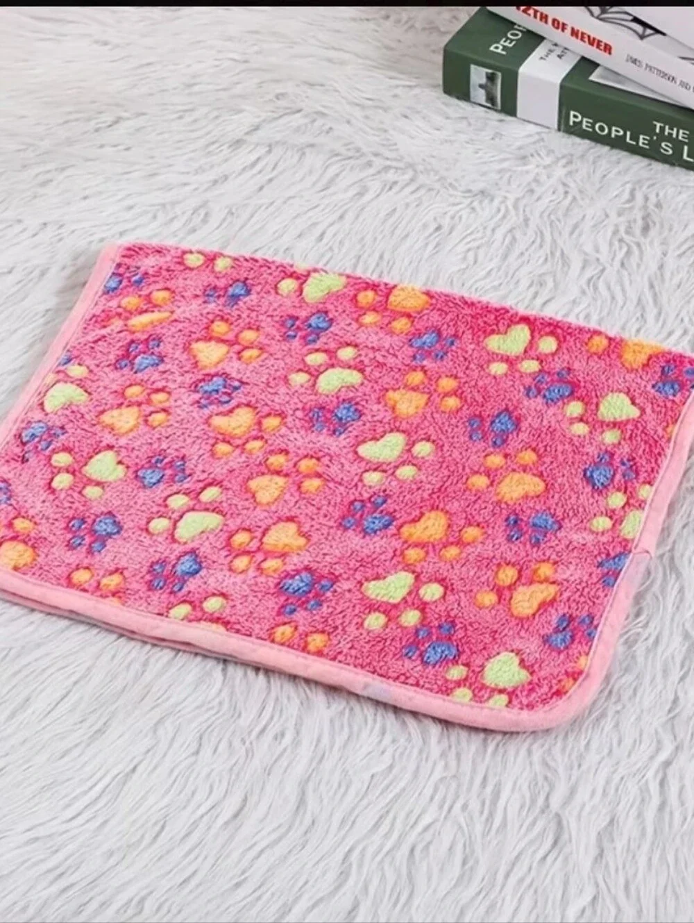 Plush Pet Blanket Pink with Multicolor Paw Prints, Size M
